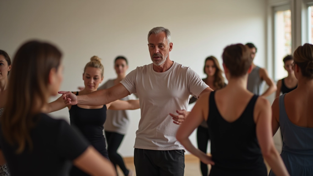 Dance instructors teaching technique to group of mature students in professional studio environment