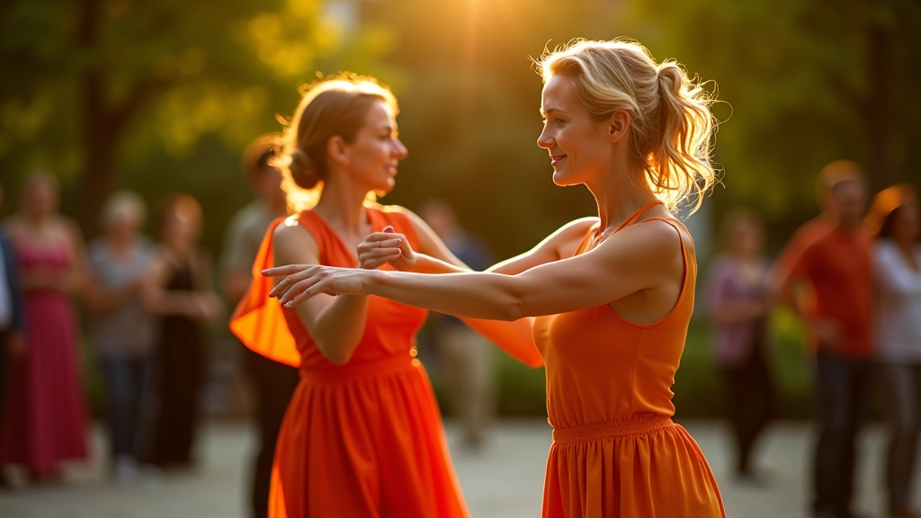 Dancers in colorful spring attire performing salsa on an outdoor stage with green trees in background