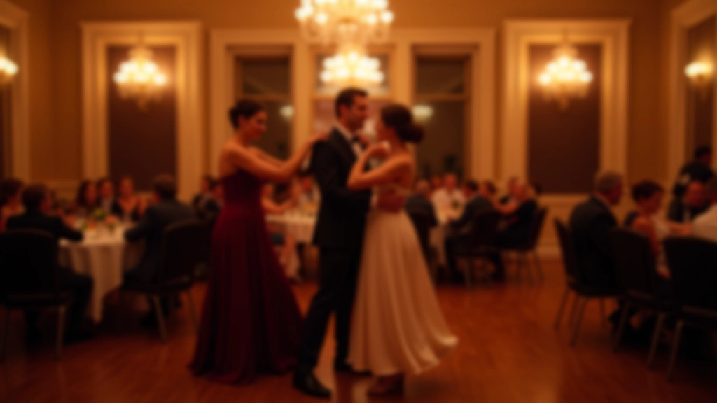Dancers performing in an elegant ballroom with crystal chandeliers and warm interior lighting