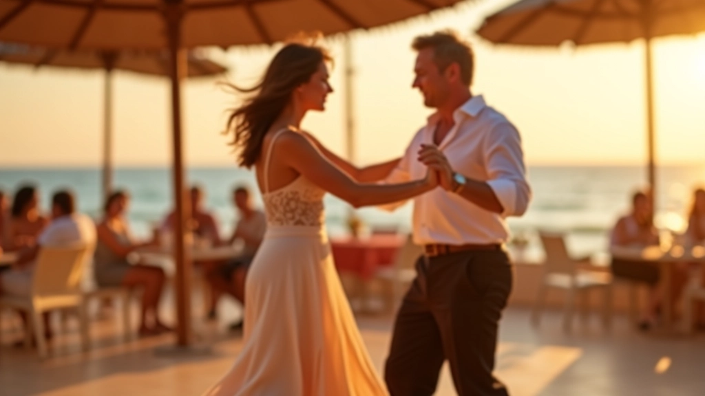 Group of mature dancers performing bachata in beachside pavilion during golden hour sunset