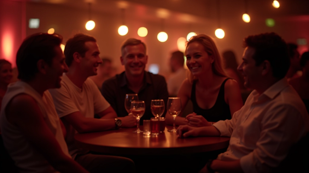 Group of mature adults smiling and socializing at a dance venue, friendly conversation during a break