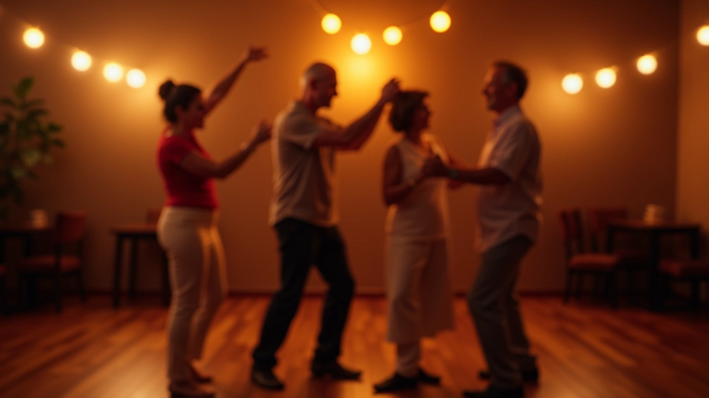 Mature adults enjoying social dancing together in a warm, vibrant dance venue with live music
