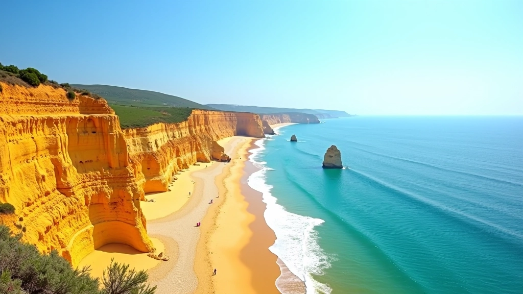 Scenic Algarve coastline with cliffs and beach showing the beautiful vacation destination backdrop