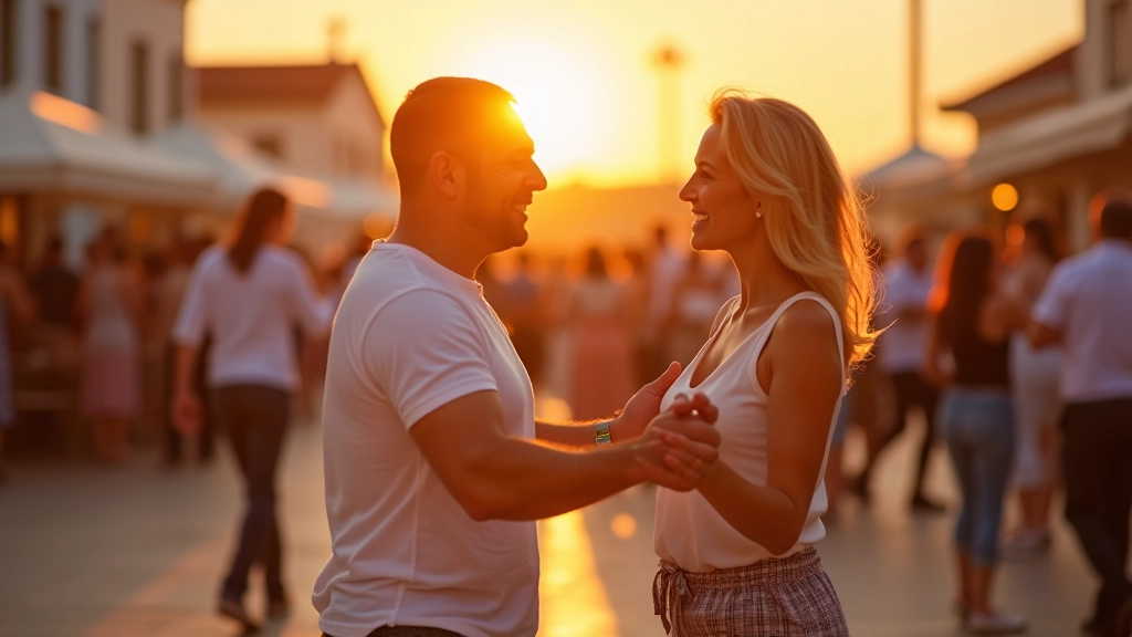 Outdoor dance gathering in a Portuguese town square at sunset with live musicians and dancers