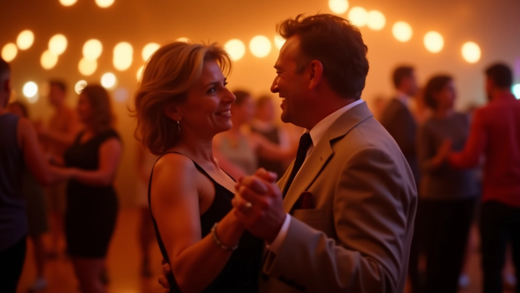 Couples dancing salsa together at an evening event with warm lighting and music