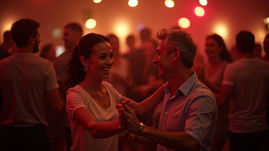 Adults dancing together at a social dance event in Portugal