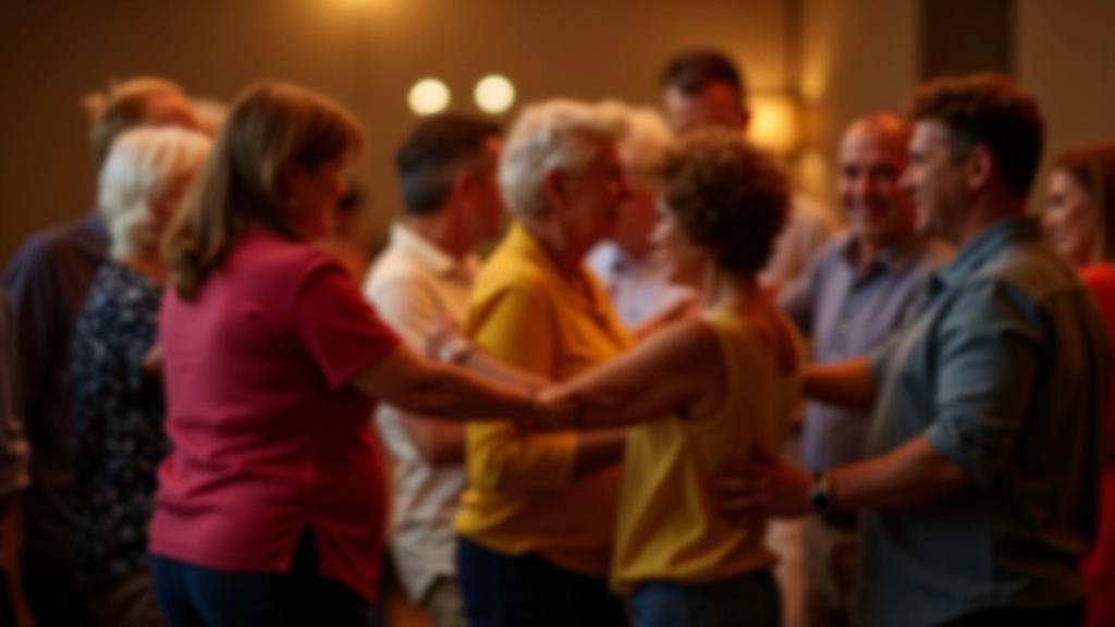 Diverse group of mature adults dancing bachata socially with genuine enjoyment and connection