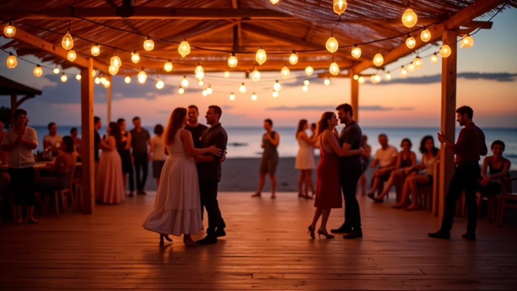 Colorful beach pavilion with string lights and dancers in motion during an outdoor salsa social in the Algarve