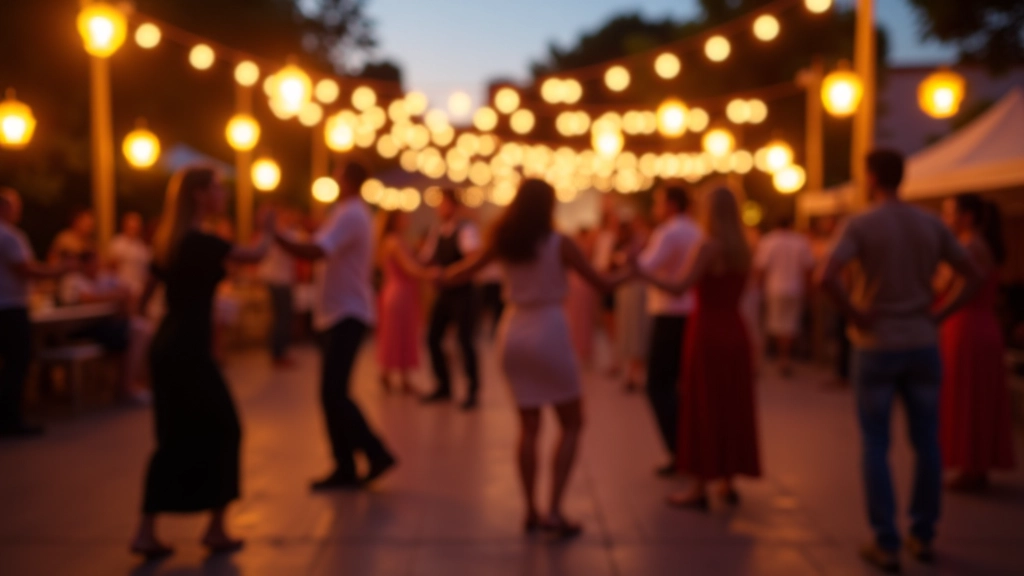 Group of mature adults dancing together outdoors at a festival with decorative lanterns and stage lighting
