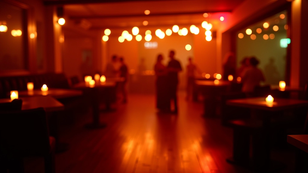 Salsa venue in Lisbon with dim atmospheric lighting, wooden dance floor, and tables arranged around the perimeter